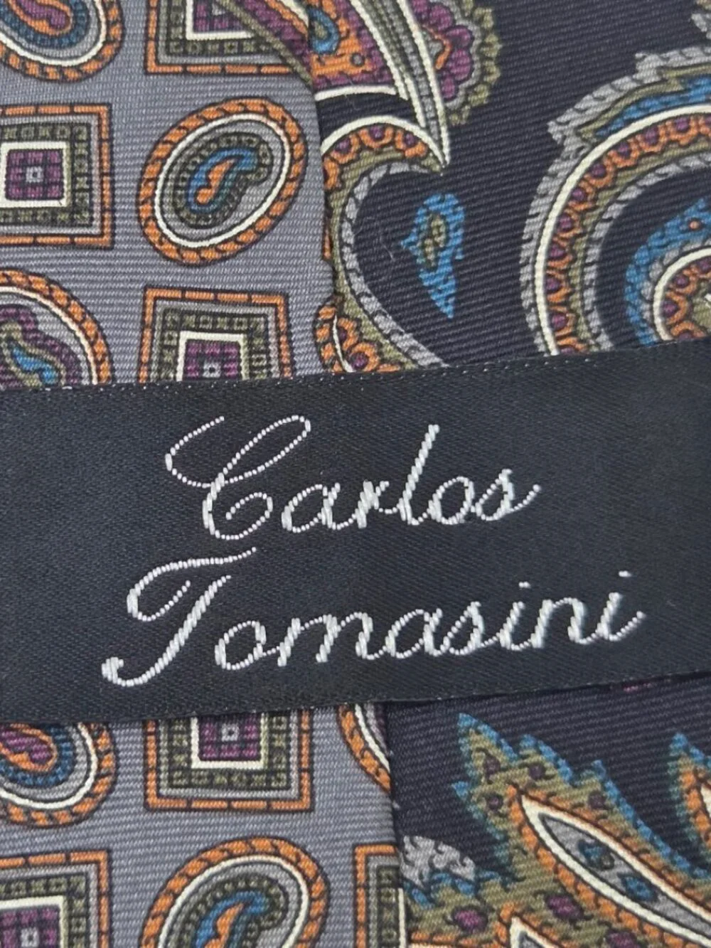 Carlo Tomasini Mens All Silk Tie 58 Inch Gray Paisley Geometric Pattern